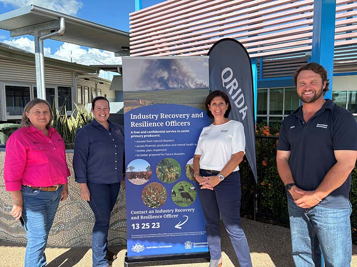 QRIDA CEO, Brooke Irwin at the Julia Creek Pop-up Office with Industry Recovery and Resilience Officer Vicki Mylrea, Emma Cook from Rural Financial Counselling Service North Queensland, and QRIDA's Regional Area Manager for North West and Gulf Sam Fryer.