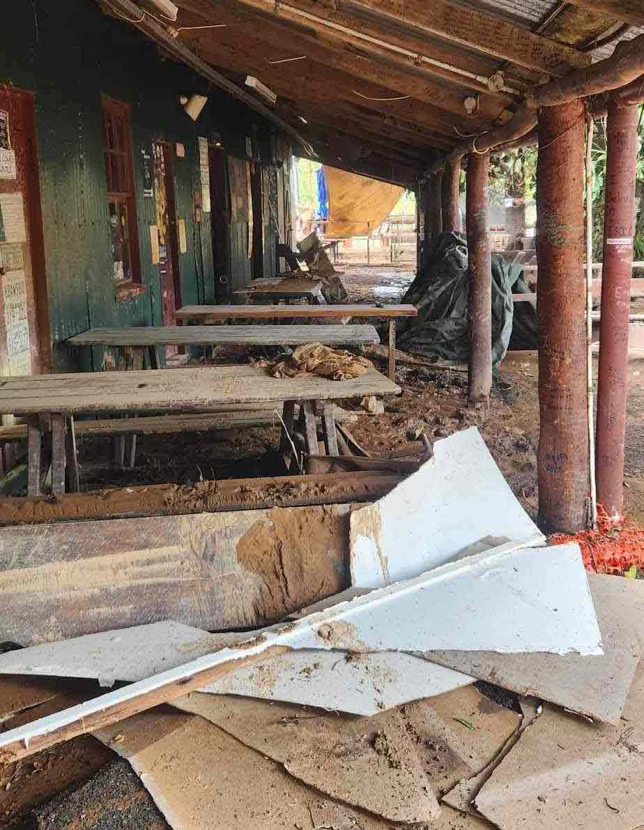 Flood damage to the Lions Den Hotel front veranda